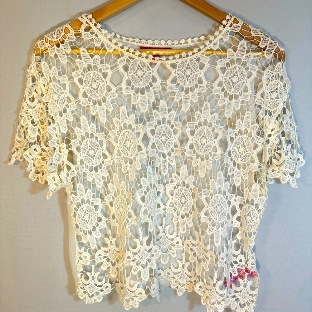 Derek Heart Women Blouse Front Lace Short Sleeves Side Slits Cream Ivory Size XL - Picture 1 of 11